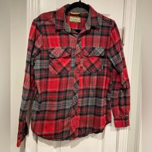 Dravus Size S Red Gray Plaid Cotton Flannel Ling Sleeve Button Down Shirt